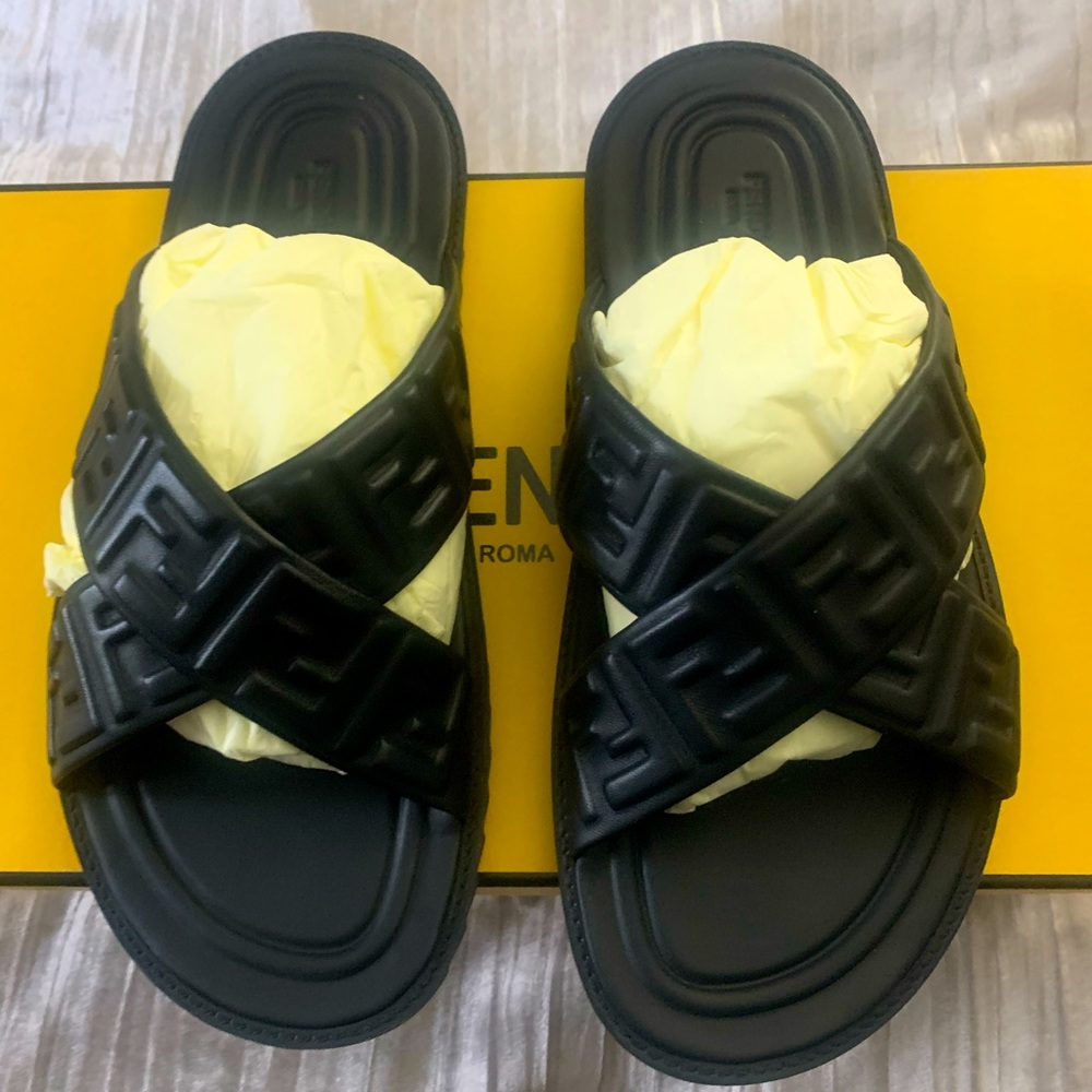 Fendi Black Quilted Leather Cross-Strap Slide Sandals